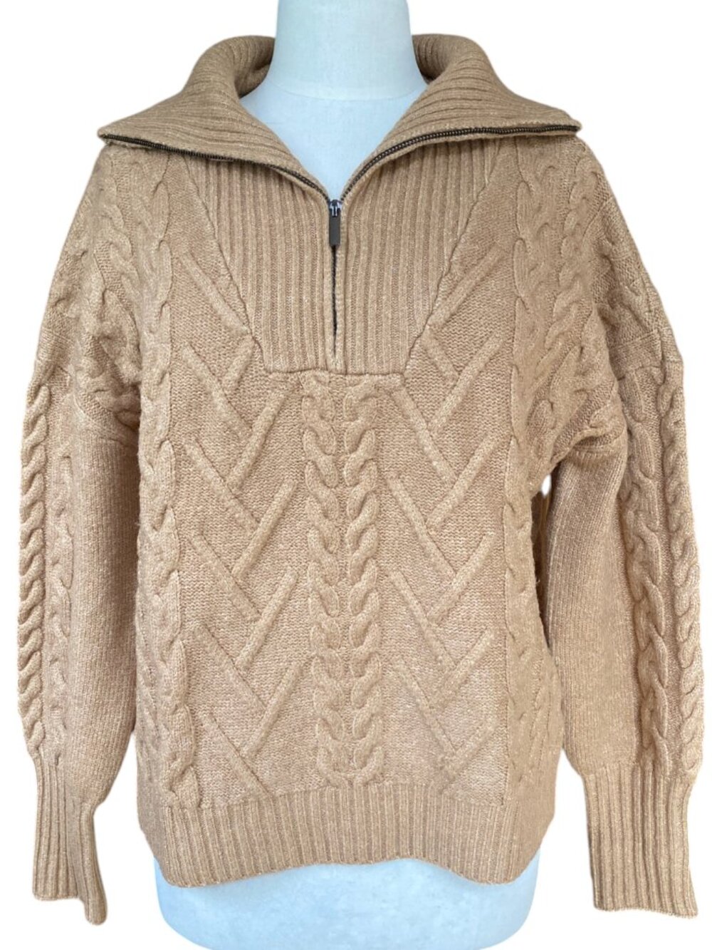 John + Jenn Sloane Tan Camel Cable Knit Quarter Zip Sweater Fisherman Chunky-M